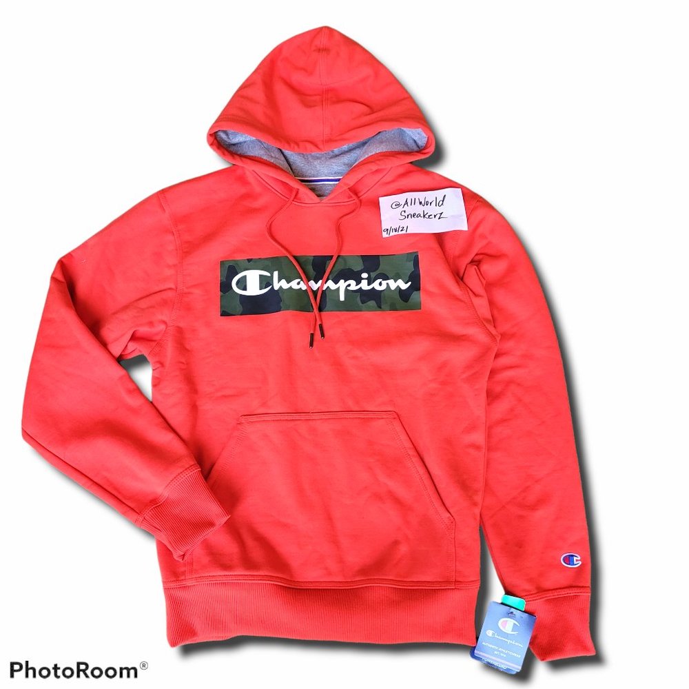 Champion Powerblend Fleece Camo Camouflage Orange Hoodie Sweatshirt Script Logo - Picture 2 of 15